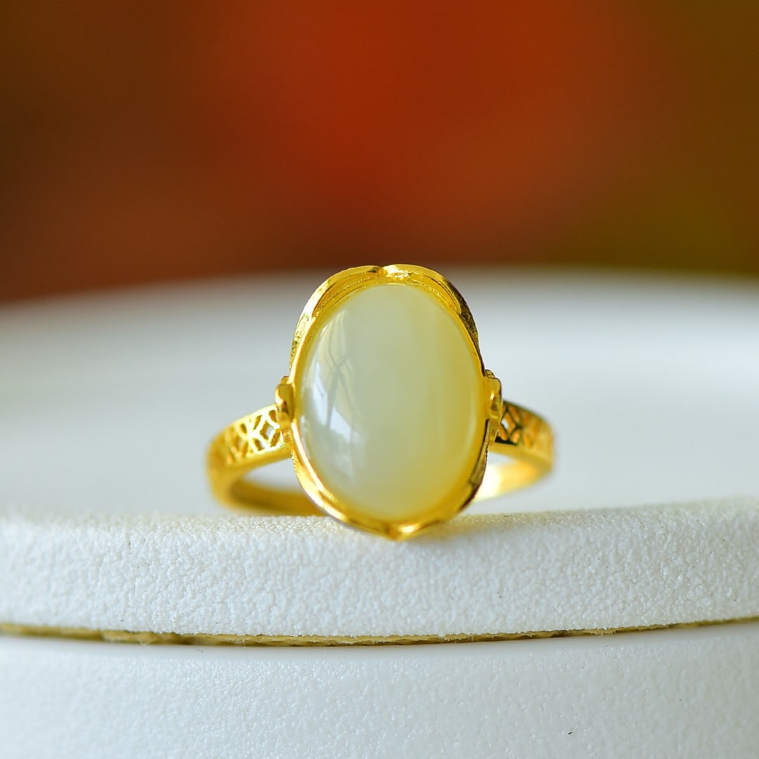 An Exquisite Sterling Silver-Gold Plated Inlaid White Jade Ring (1 of 5)