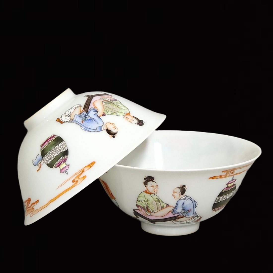 A Pair of Exquisite Famille-Rose Figure and Story Pattern Bowls (1 of 9)