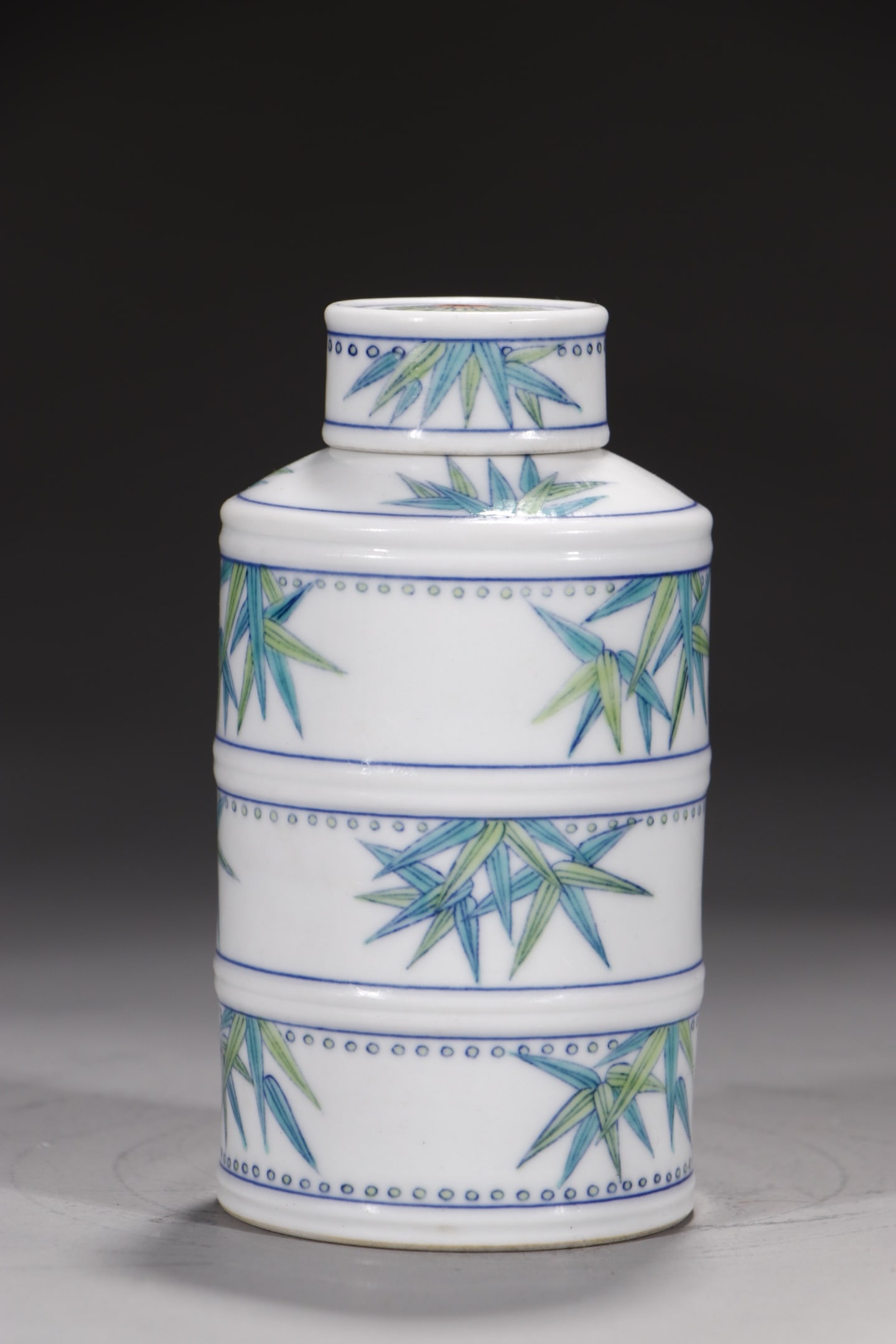 An Exquisite Doucai Bamboo Pattern Tea Caddy: An Exquisite Doucai Bamboo Pattern Tea Caddy,Qing Dynasty,China,Yongzheng Six-character Mark,Size:5.3in 斗彩竹纹茶叶罐,中国清代,༔