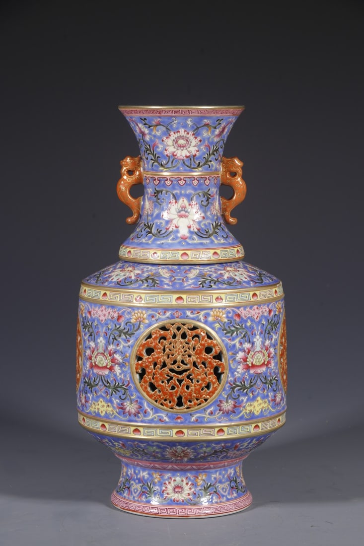 An Exquisite Blue Ground Enamel Lotus Pattern Double-Ears Vase (1 of 8)