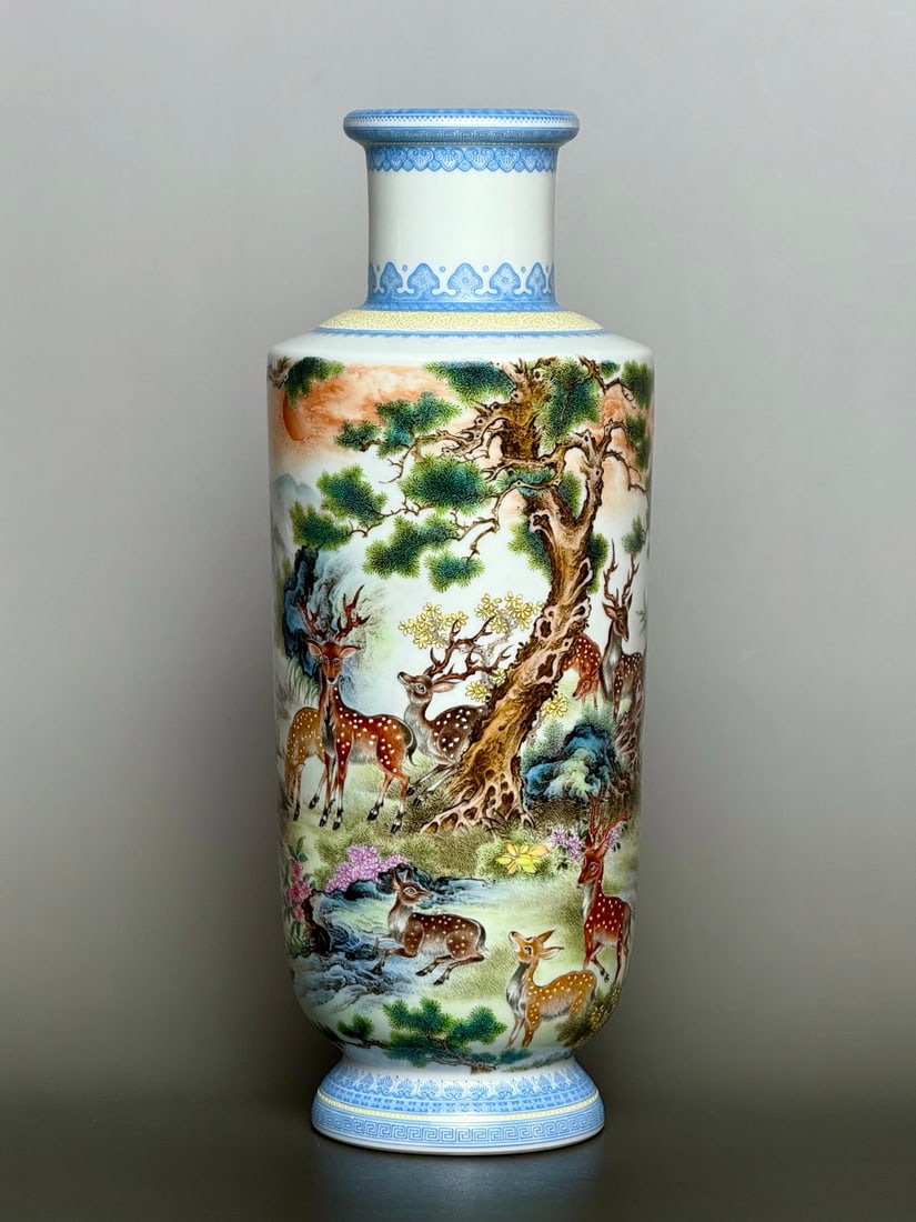 An Exquisite Enamel Pine and Deer Pattern Vase (1 of 9)