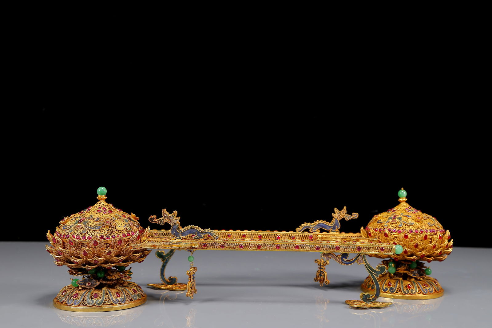 A Pair of Rare Gilt Inlaid Gems Lotus Pattern Censer: A Pair of Rare Gilt Inlaid Gems Lotus Pattern Censer,Qing Dynasty,China,Qianlong Four-character Mark,Size:14.2inx3.9inx5.1in,Weight:915g 
