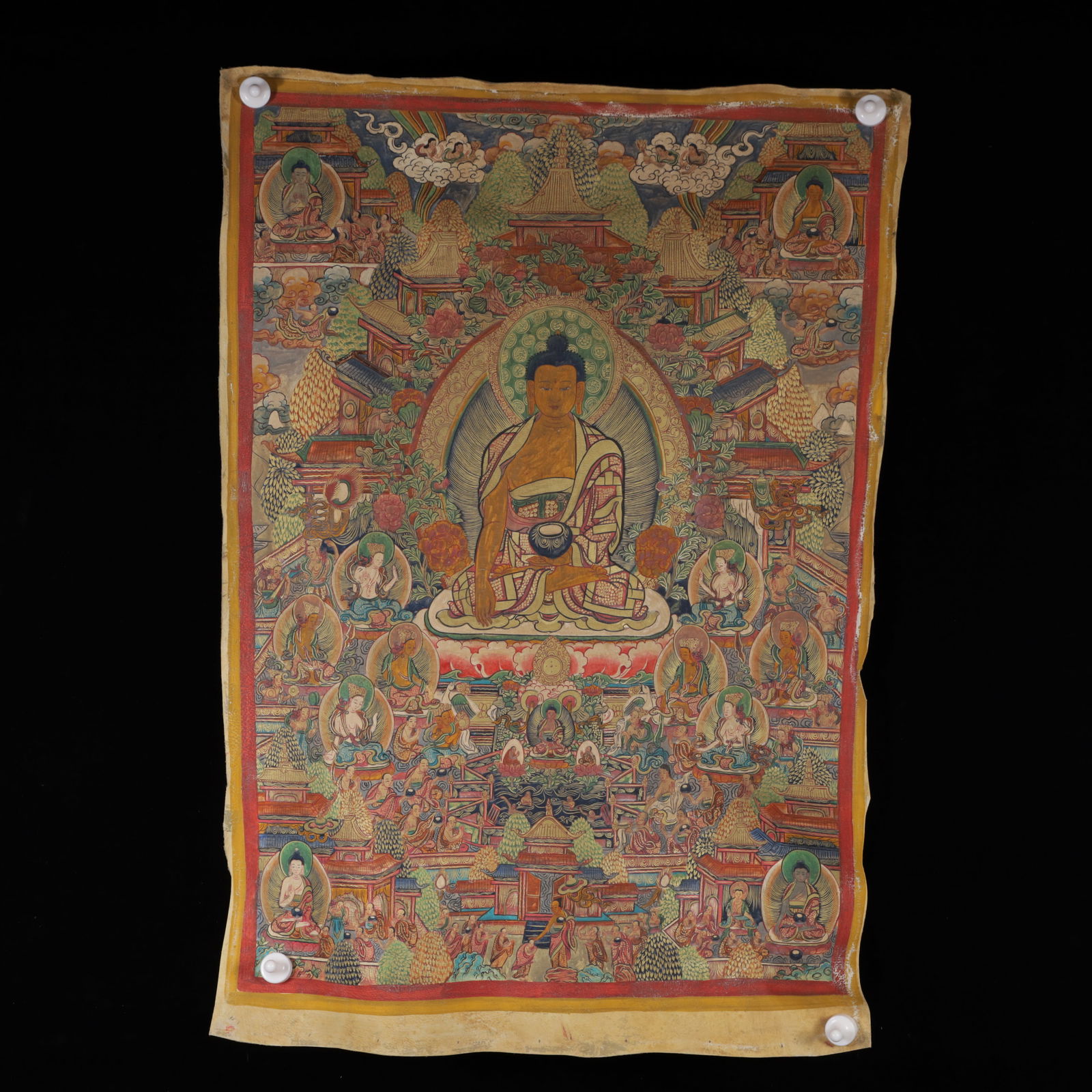 A Rare Cowhide Painted Color Statue of Sakyamuni Tangka: A Rare Cowhide Painted Color Statue of Sakyamuni Tangka,Qing Dynasty, China,Size:25.2inx36.6in 牛皮彩绘释迦摩尼像唐卡,中国