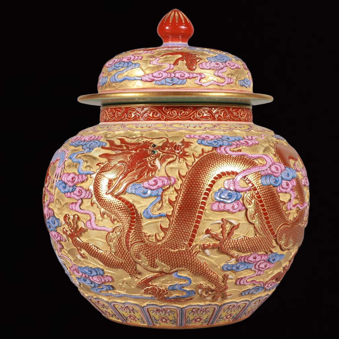 An Exquisite Enamel Gold Ground Auspicious Cloud and Dragon Pattern Jar with Cover: An Exquisite Enamel Gold Ground Auspicious Cloud and Dragon Pattern Jar with Cover,Qing Dynasty, China,Qianlong Six-character Mark,Size:8.3inx7.1in 
