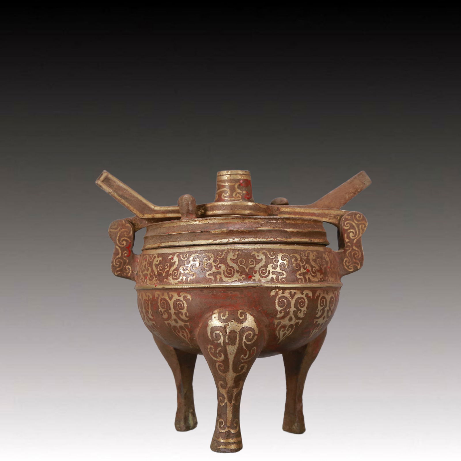 A Exquisite Gold and Silver-Inlaid Bronze Phoenix Pattern -With Inscription Double-Ears and Tripod (1 of 12)