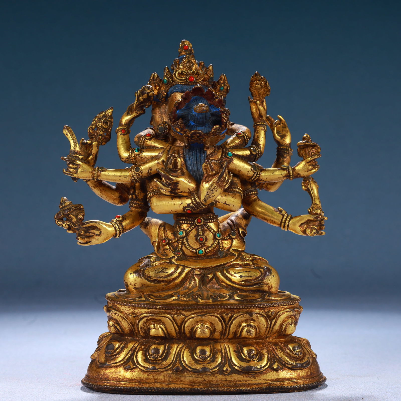 A Solemn Gilt Bronze Statue of Chakrasamvara,Inlaid Gems and Turquoise: A Solemn Gilt Bronze Statue of Chakrasamvara,Inlaid Gems and Turquoise,Qing Dynasty, China,Size:3.9inx2.4inx5.5in,Weight:900g 