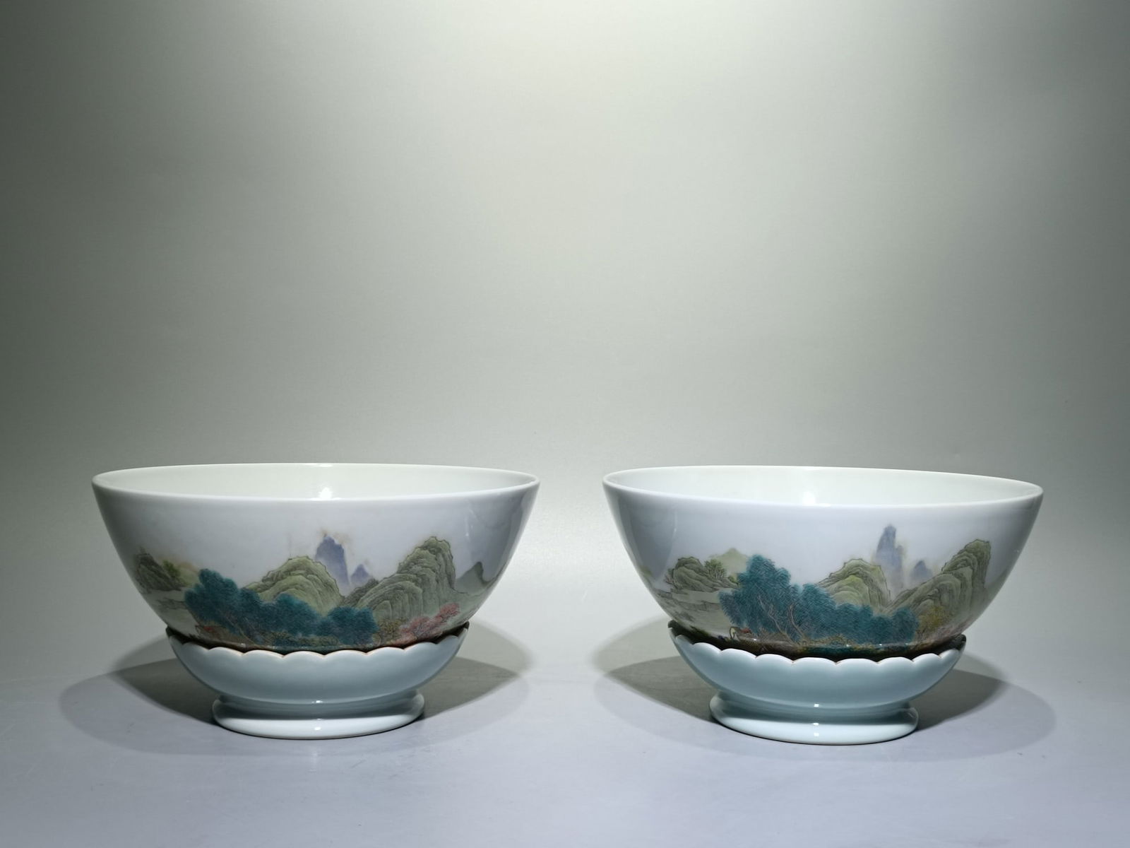A Pair of Exquisite Famille-Rose Landscape Pattern Bowls,with poem: A Pair of Exquisite Famille-Rose Landscape Pattern Bowls,with poem,Qing Dynasty,China,Qianlong Six-character Mark,Size:4.1inx7.6in 