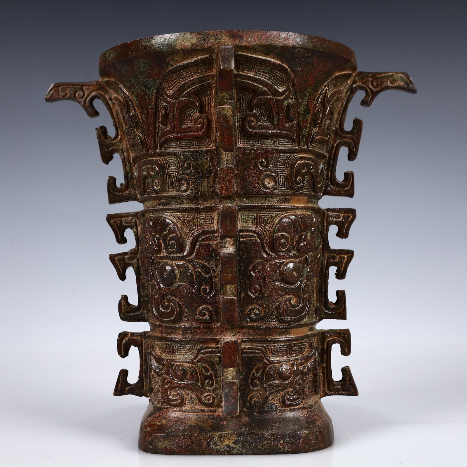 A Rare Bronze Beast-Face Pattern Zun: A Rare Bronze Beast-Face Pattern Zun,W.Zhou,China,Size:7.5inx7.5inx7.5in,Weight:1900g 青铜兽面纹尊,中国西周时期