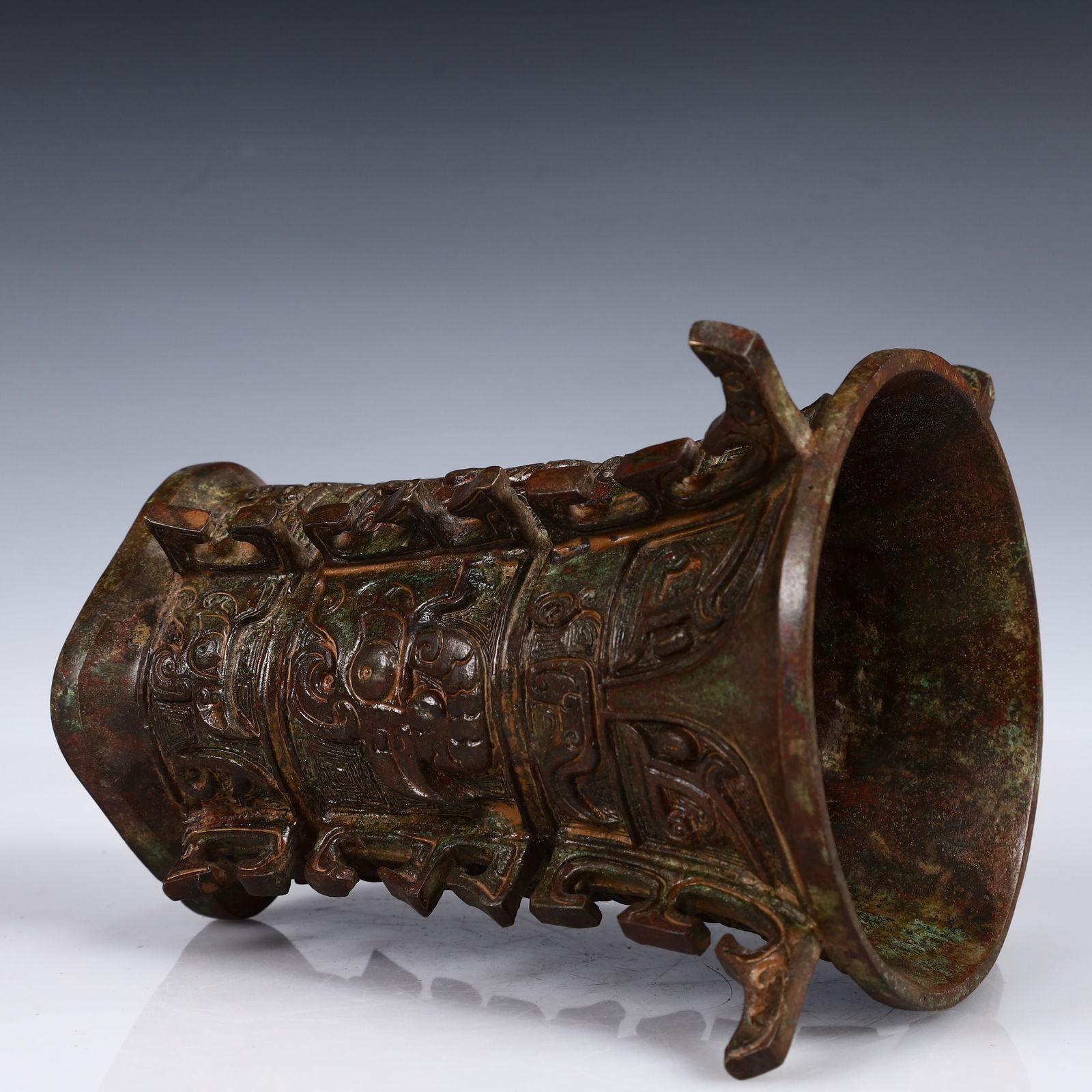 A Rare Bronze Beast-Face Pattern Zun - 7