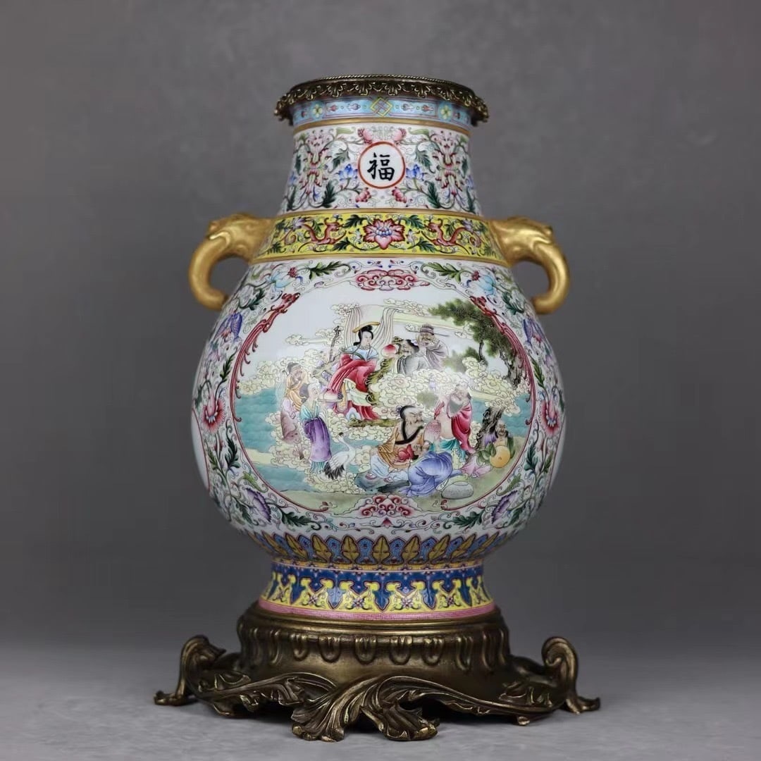 A Huge Famille-Rose Inlaid Bronze Figure and Story Pattern Elephant-Ears Vase,with Poem: A Huge Famille-Rose Inlaid Bronze Figure and Story Pattern Elephant-Ears Vase,with Poem,Qing Dynasty,China,Qianlong Six-Character Mark,Size:18.1inx10.2in 粉彩嵌铜人୰