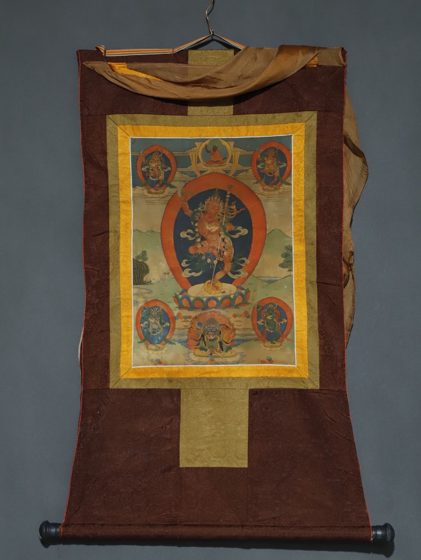 A Rare Brocade Painted Color Statue of Dakini Tangka: A Rare Brocade Painted Color Statue of Dakini Tangka,Qing Dynasty, China,Size:34.6inx18.1in,(Without frame)16.5inx11in 织锦彩绘空行母像唐卡,