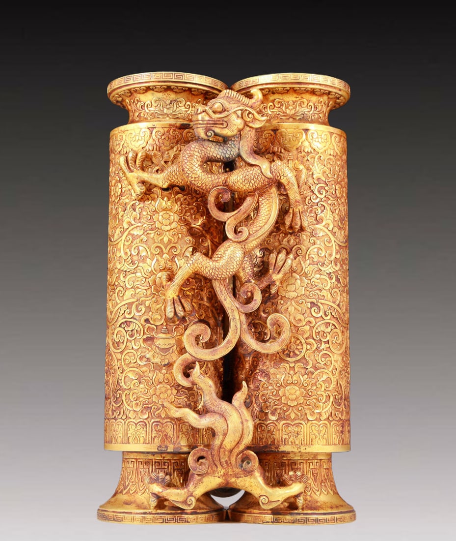 A Marvelous Gilt-Bronze 'Dragon, Phoenix, Scrolling Lotus, Weapons Of The Eight Immortals' (1 of 14)