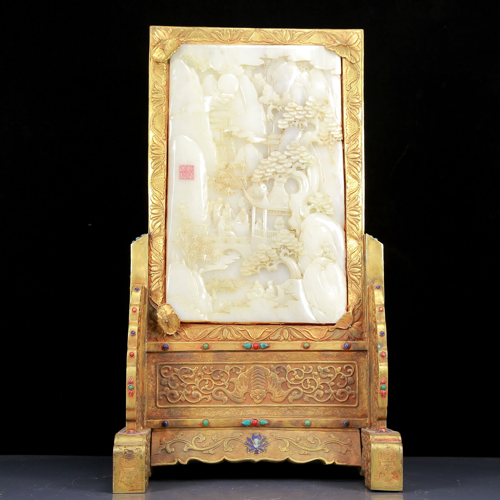 A Huge Gilt Bronze Inlaid Turquoise Inlaid White Jade Landscape and Figure Pattern Table Screen (1 of 13)