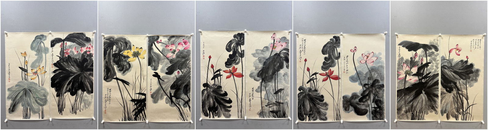 A Set of Chinese Ink Painting of Lotus on Paper: A Set of Chinese Ink Painting of Lotus on Paper,Zhang Daqian,Size:19.7inx39.4in 一套中国水墨荷花画,张大千
