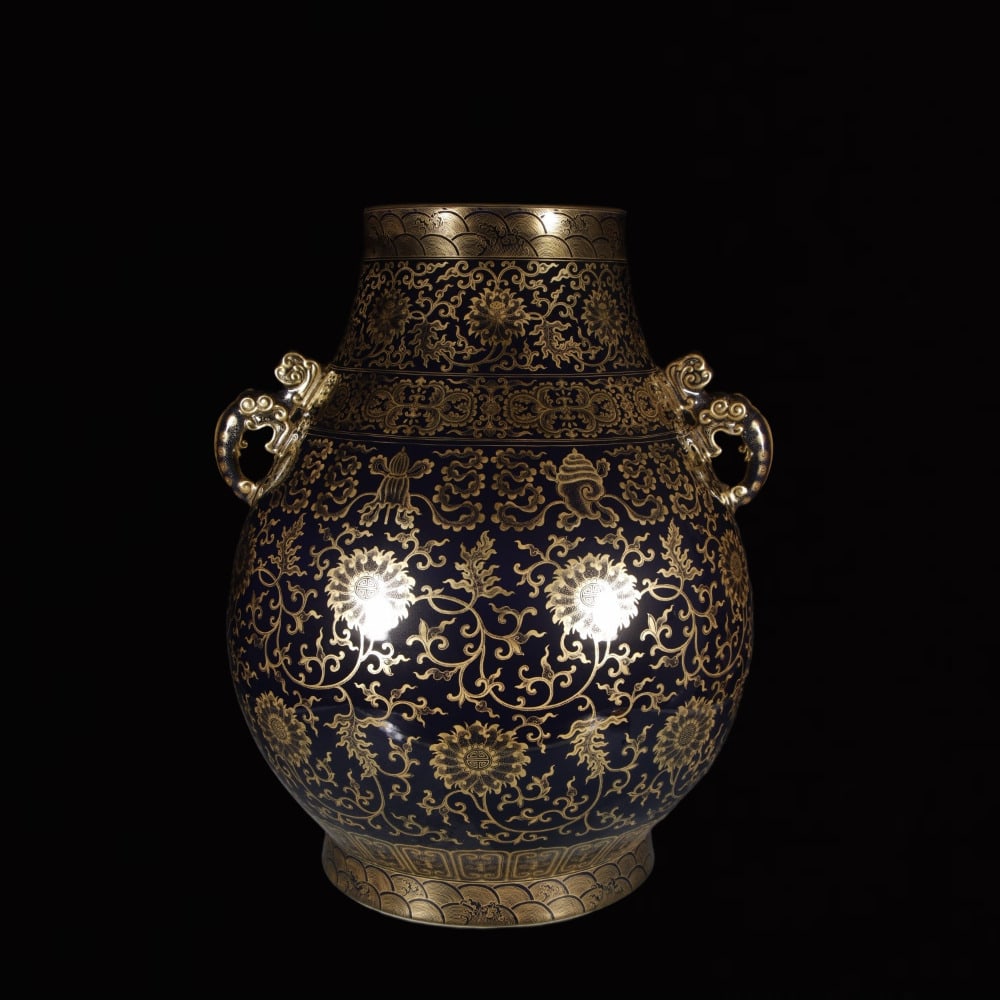 An Exquisite Ji Blue Glazed Painted Gold Lotus Pattern Double-Ears Vase: An Exquisite Ji Blue Glazed Painted Gold Lotus Pattern Double-Ears Vase,Qing Dynasty,China,Qianlong Six-character Mark,Size:25.2inx11.8in 霁蓝釉描金缠枝ഫ