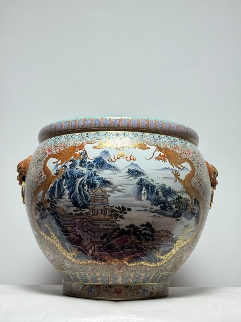 An Exquisite Famille-Rose Turquoise Glazed Landscape Pattern Beast-Ears Vat,with poem: An Exquisite Famille-Rose Turquoise Glazed Landscape Pattern Beast-Ears Vat,with poem,Qing Dynasty,China,Qianlong Four-character Mark,Size:18.8inx25.6in 