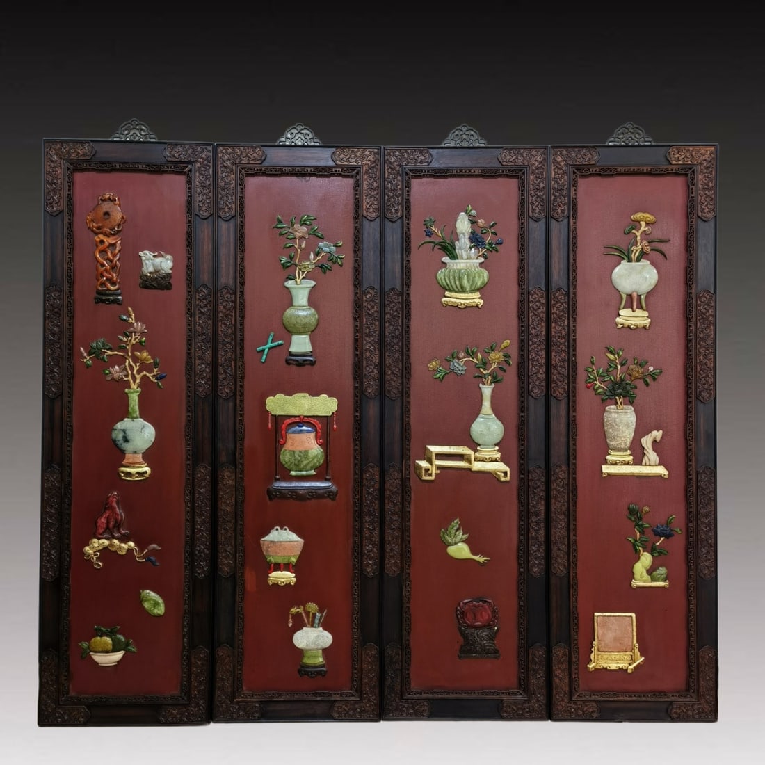 A Set of Huge Zitanwood Flower Pattern Hanging Panels, Inlaid Gems (1 of 6)