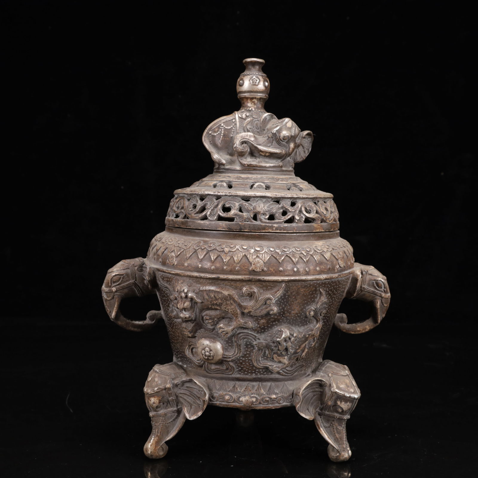 An Exquisite Silver Auspicious Beast Pattern Elephant-Ears Tripod Censer (1 of 13)