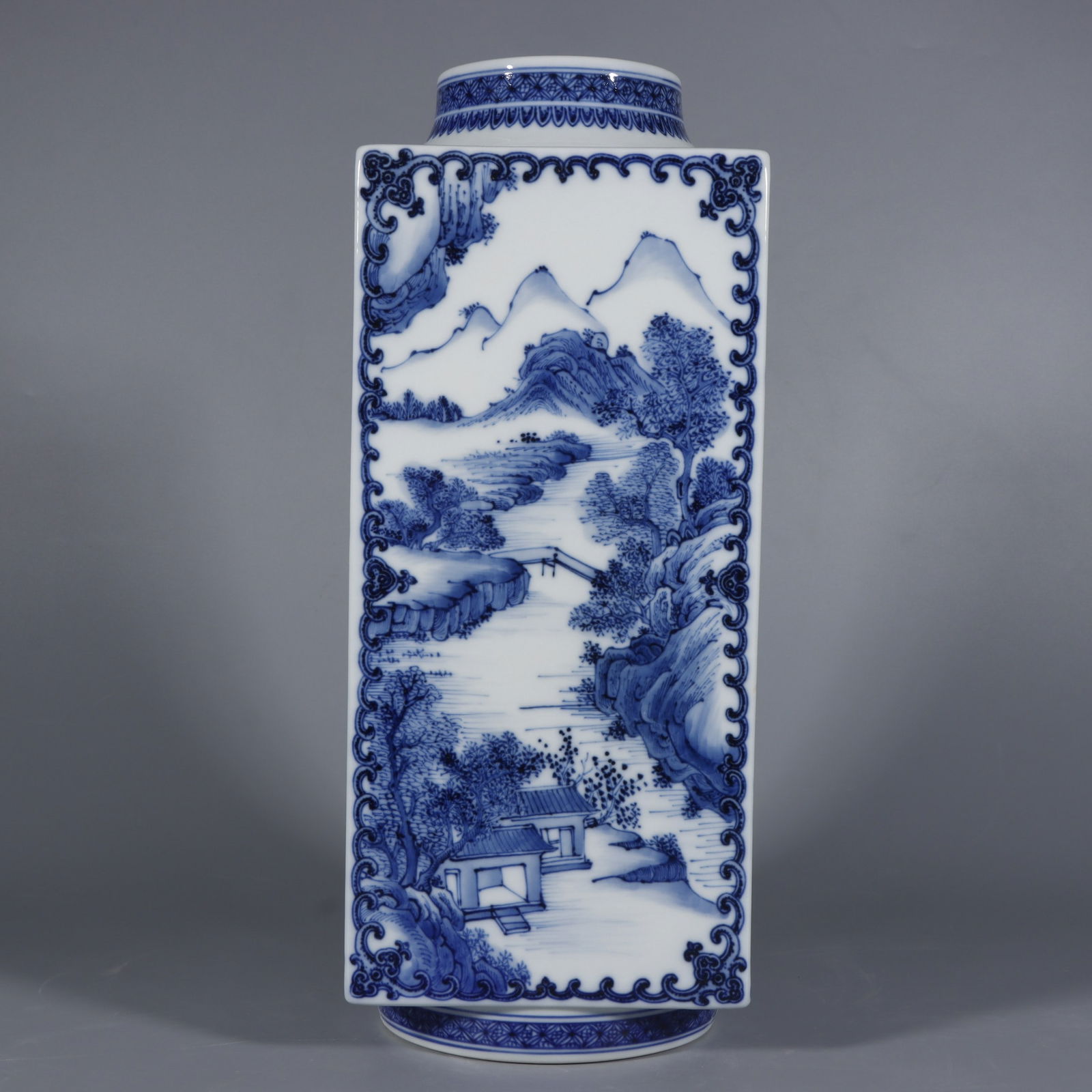 An Exquisite Blue and White Landscape and Figure Pattern Vase: An Exquisite Blue and White Landscape and Figure Pattern Vase,Qing Dynasty,China,Qianlong Six-character Mark,Size:14.2inx5.7in 