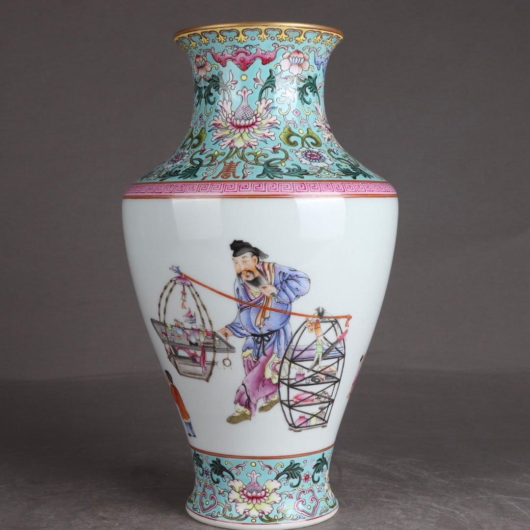 An Exquisite Famille-Rose Character and Story Pattern Vase,with poem: An Exquisite Famille-Rose Character and Story Pattern Vase,with poem,Qing Dynasty,China,Qianlong Six-character Mark,Size:10.6inx5.9in 粉彩人物故事纹瓶,&
