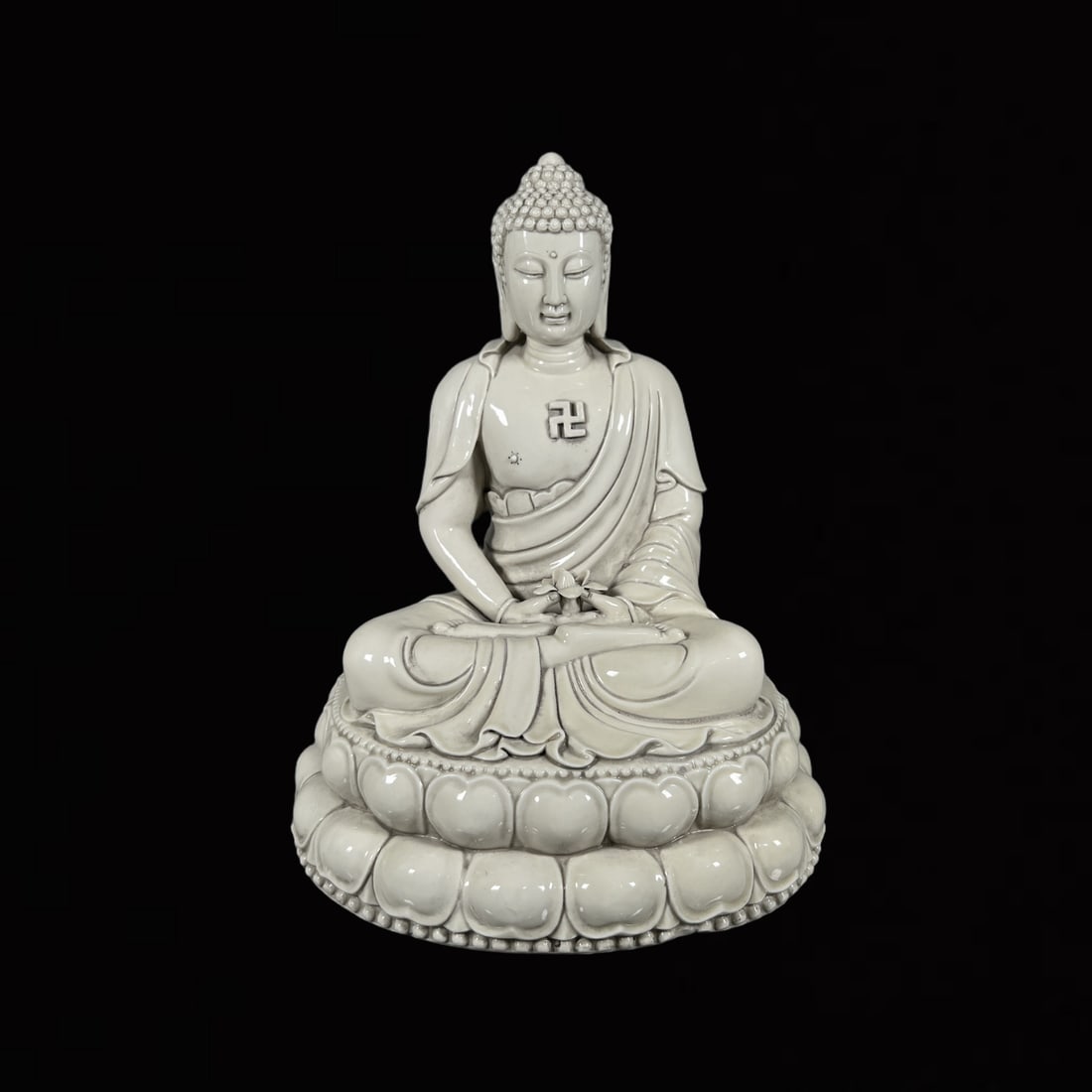 A Solemn Blance-De-Chine Statue of Sakyamuni: A Solemn Blance-De-Chine Statue of Sakyamuni,Ming Dynasty,China,He Chaozong Mark,Size:16.5in 德化瓷释迦摩尼像,中国明代,何&