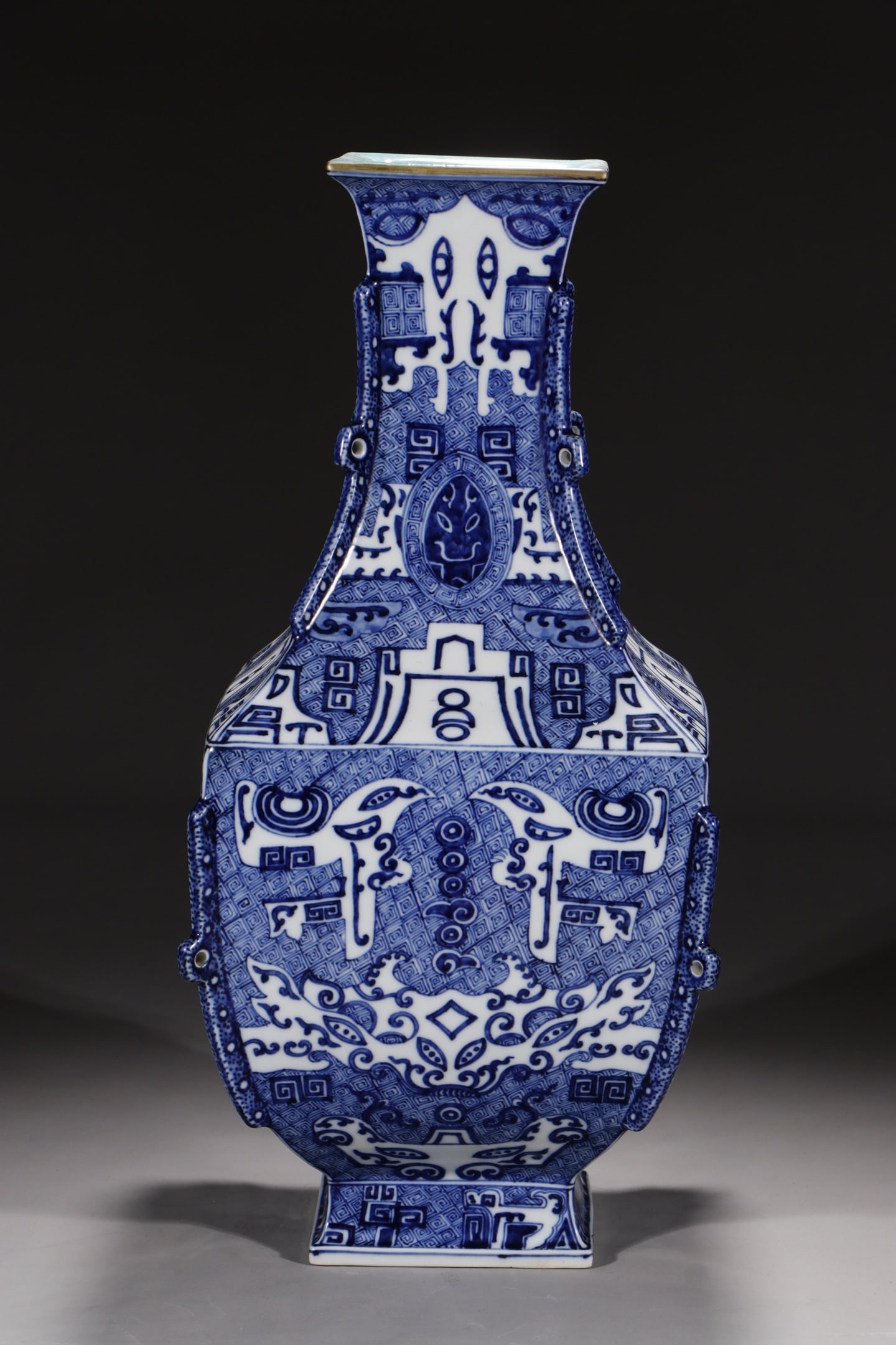 An Exquisite Blue and White Beast-Face Pattern Vase: An Exquisite Blue and White Beast-Face Pattern Vase,Qing Dynasty,China,Qianlong Six-character Mark,Size:20.1in 