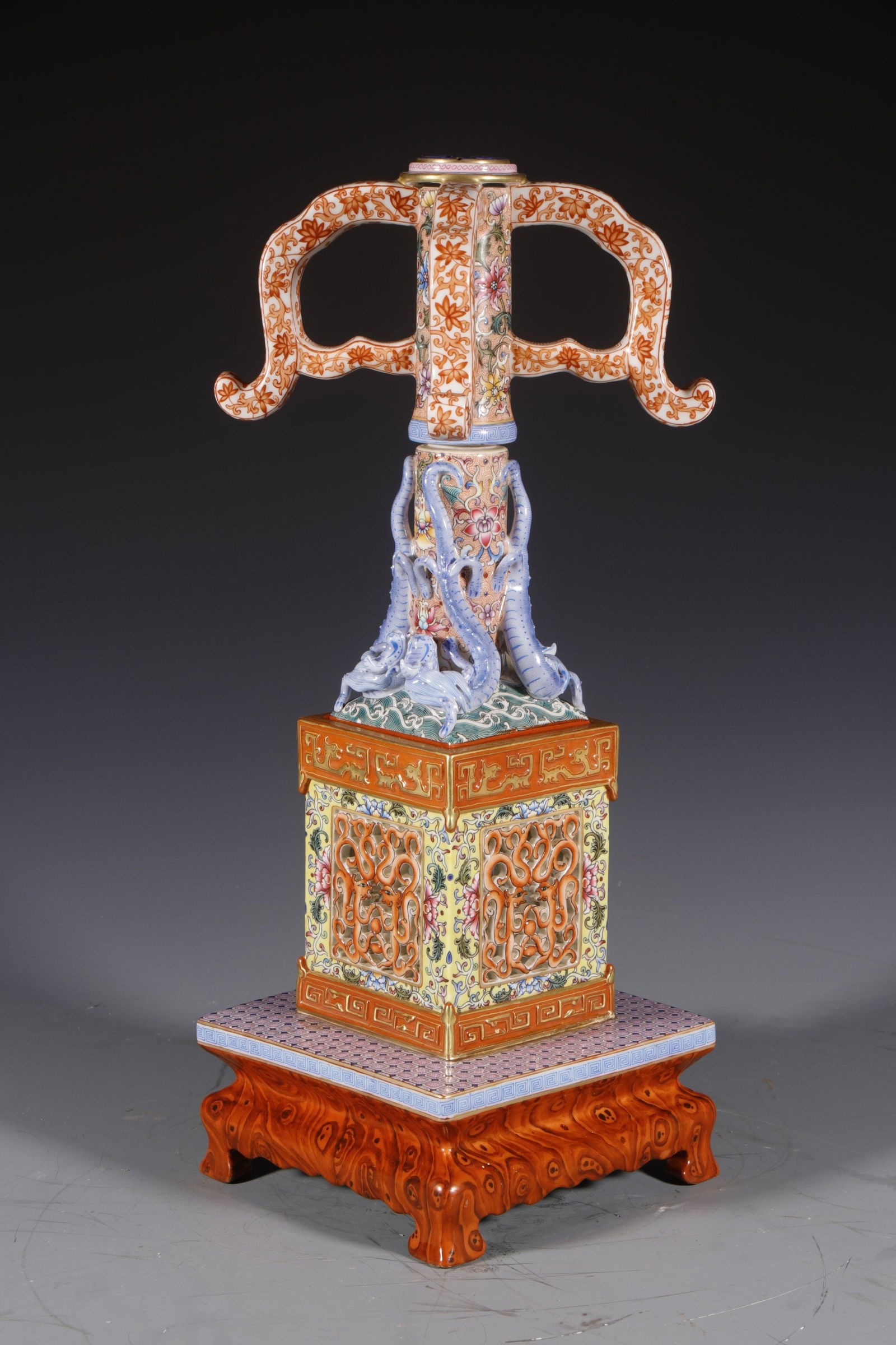 An Exquisite Yellow Ground Enamel Lotus Pattern Hatstand: An Exquisite Yellow Ground Enamel Lotus Pattern Hatstand,Qing Dynasty,China,Qianlong Four-character Mark,Size:16.5inx6.3in 