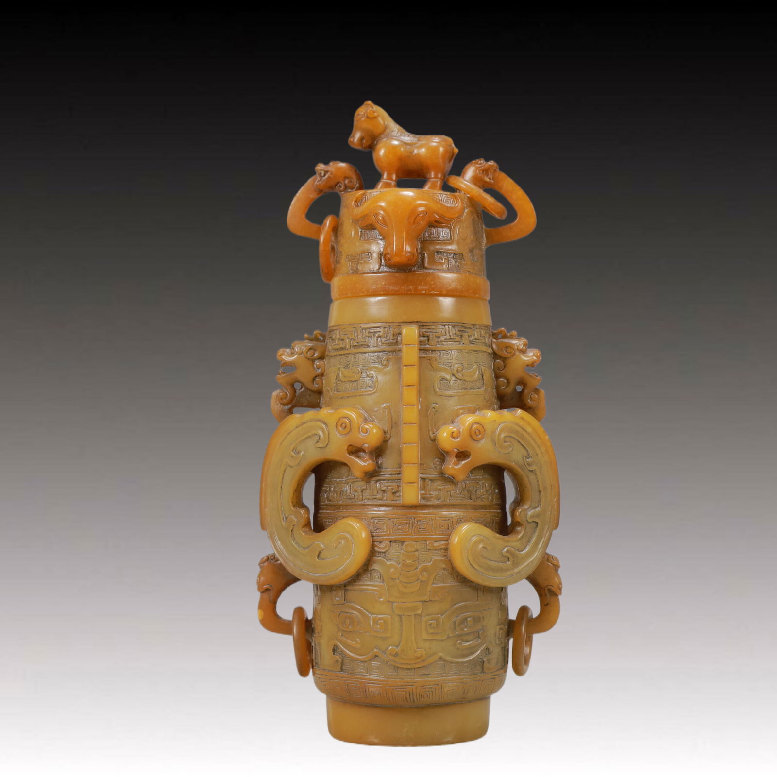 An Exquisite Shoushan Stone Beast-Face Pattern Dragon-Ears Vase (1 of 9)