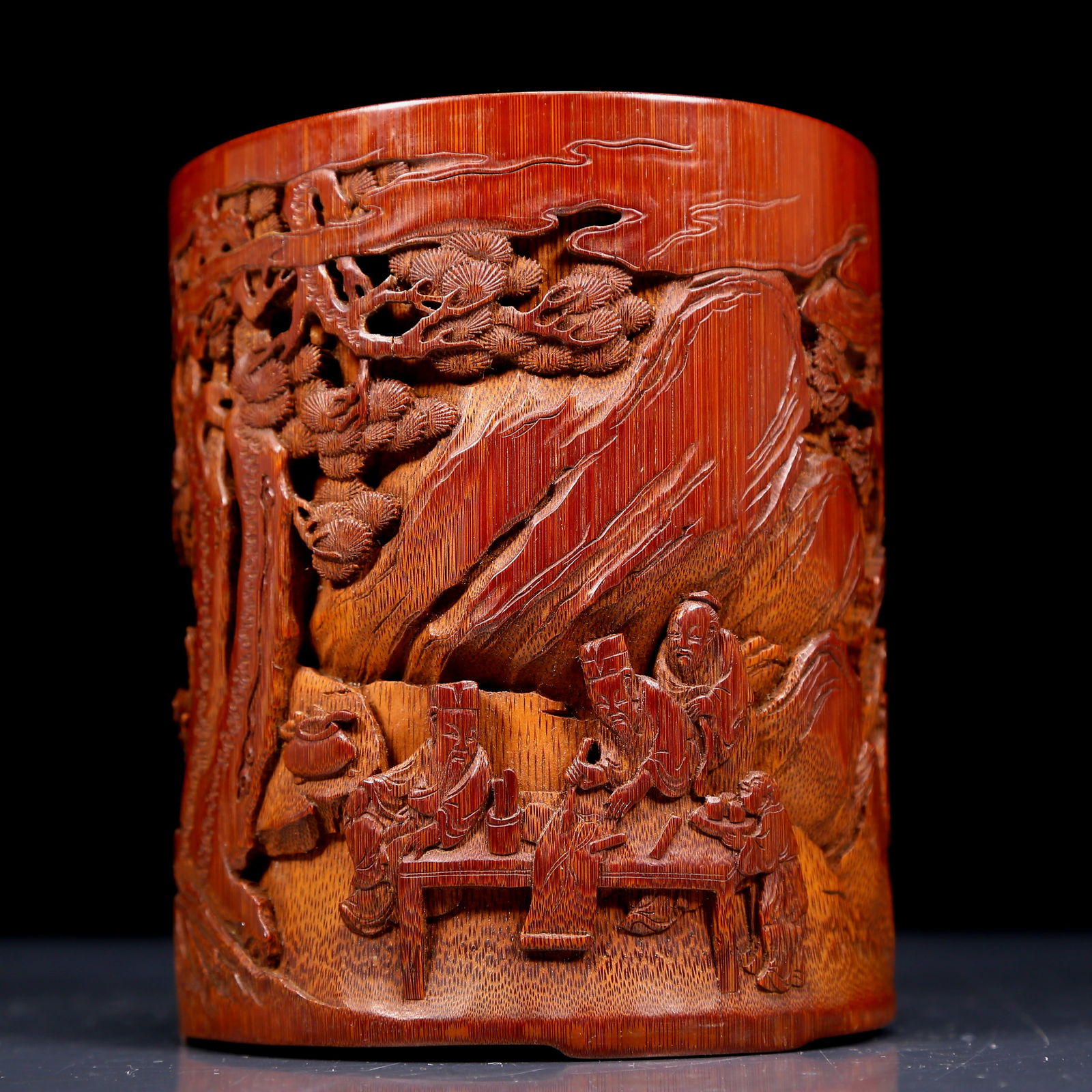 An Exquisite Bamboo Character and Story Pattern Brush Pot,with an Imperial Poem by Emperor Qianlong: An Exquisite Bamboo Character and Story Pattern Brush Pot,with an Imperial Poem by Emperor Qianlong,Qing Dynasty, China,Size:4.9inx5.7in,Weight:490g 竹雕人物故事
