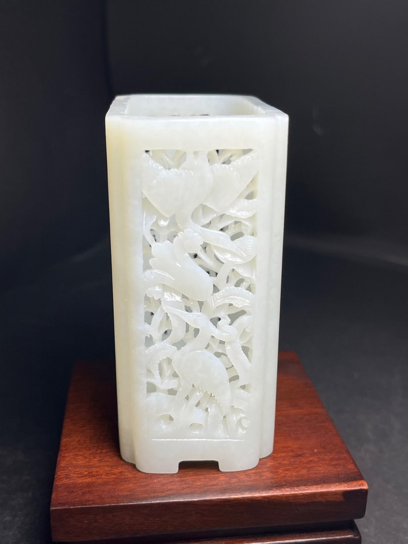 An Exquisite White Jade Crane Pattern Brush Pot - 3