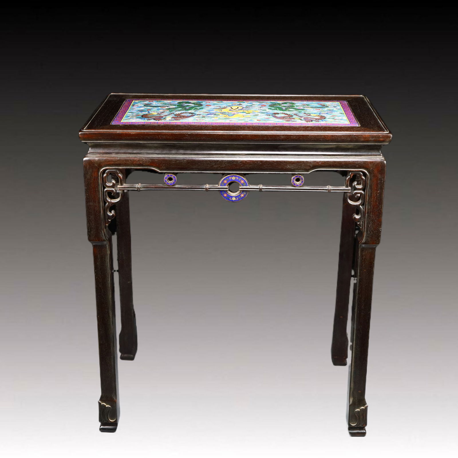 A Rare Zitanwood Inlaid Cloisonne Dragon Pattern End Table: A Rare Zitanwood Inlaid Cloisonne Dragon Pattern End Table,Qing Dynasty, China,Size:26.8inx15in,Weight:11650g 