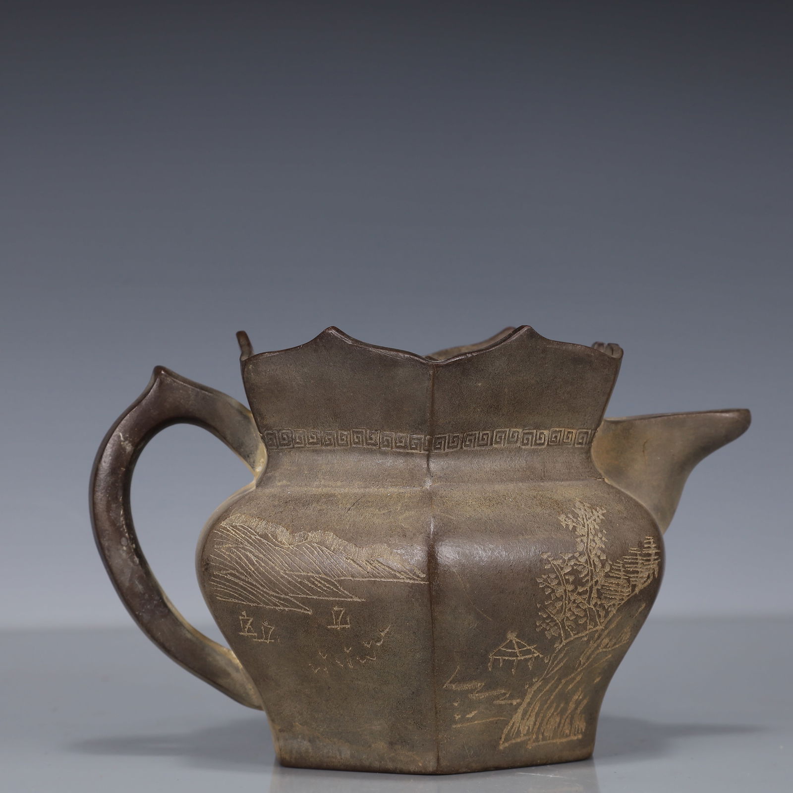 An Exquisite Purple Sands Landscape Pattern Teapot, With poem: An Exquisite Purple Sands Landscape Pattern Teapot, With poem,Ming Dynasty, China,Shi Dabin Mark,Size:7.5inx5.5inx4.3in,Weight:675g 