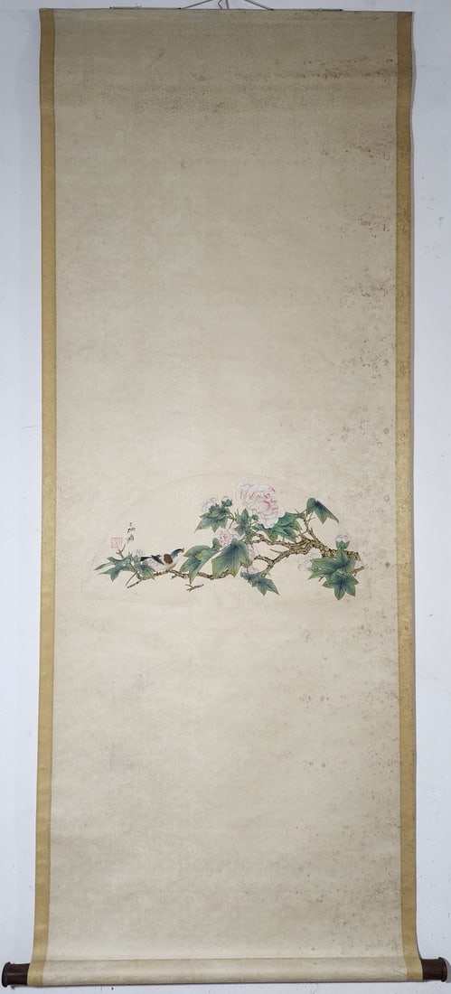 A Chinese Vertical Scroll Ink Painting of Flower and Bird on Paper: A Chinese Vertical Scroll Ink Painting of Flower and Bird on Paper,Zhang Daqian,Size:21.3inx8.1in 