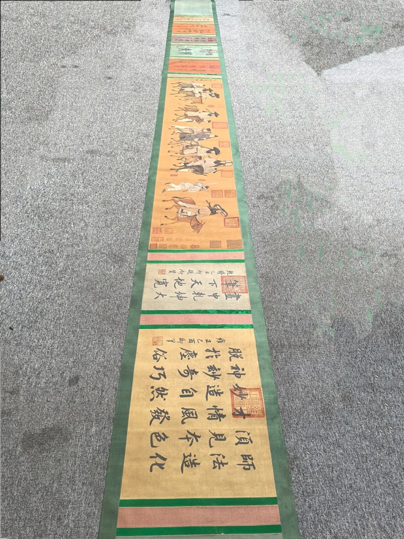 A Chinese Hand Scroll Ink Painting of Character and Story on Silk: A Chinese Hand Scroll Ink Painting of Character and Story on Silk,Chong Shidao,Size:(entirety)20.9inx275.6in,(Without frame)17.3inx82.7in 一幅中国水墨绢ੑ