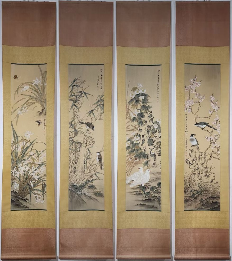 A Set of Chinese Vertical Scroll Ink Painting of Flower and Bird on Paper (1 of 9)