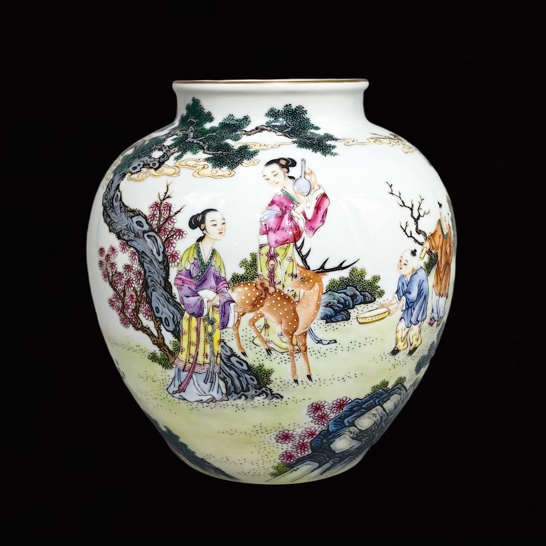An Exquisite Famille-Rose Character and Story Pattern Jar,with poem: An Exquisite Famille-Rose Character and Story Pattern Jar,with poem,Qing Dynasty,China,Qianlong Six-character Mark,Size:7.3inx7.1in 粉彩人物故事纹罐,