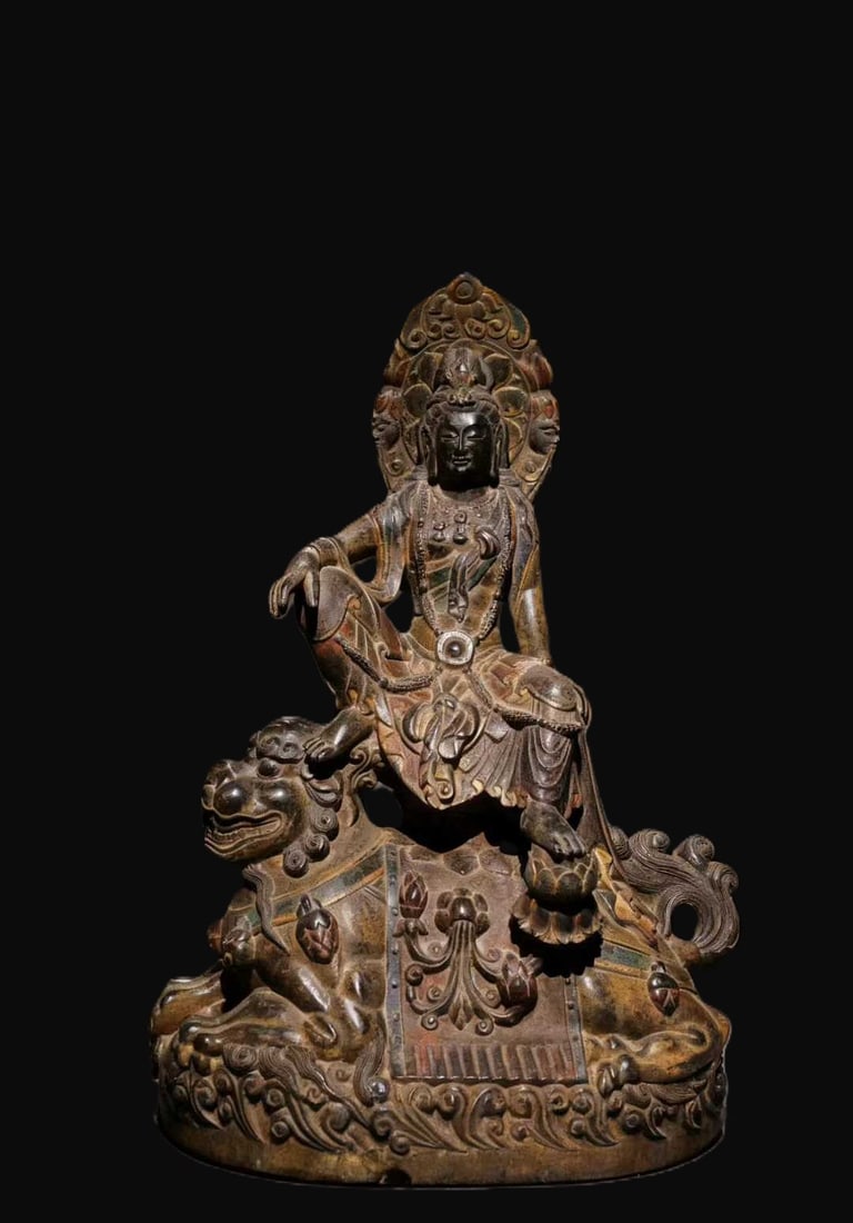 A Solemn Limestone Painted Color Statue of Manjusri: A Solemn Limestone Painted Color Statue of Manjusri,Tang Dynasty,China,Size:36.6inx25.6inx16.9in 