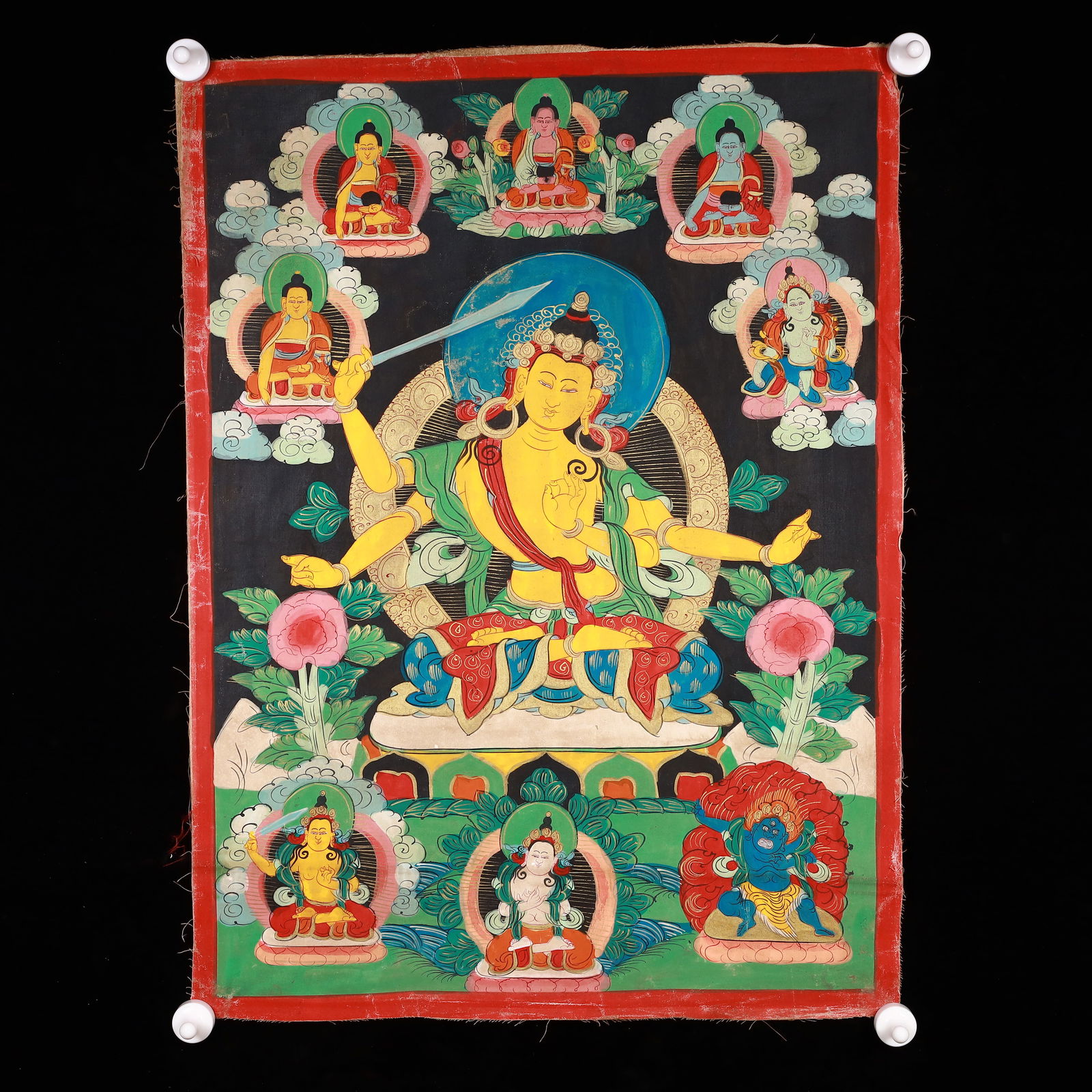 A Rare Brocade Painted Color Statue of Manjusri Tangka: A Rare Brocade Painted Color Statue of Manjusri Tangka,Qing Dynasty, China,Size:20.1inx27.2in 织锦彩绘文殊菩萨像唐卡,中国&