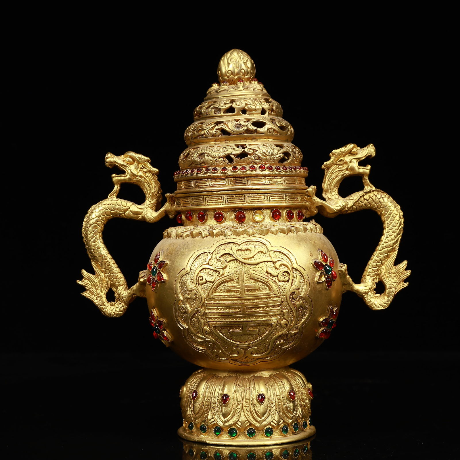 An Exquisite Gilt Bronze Shou-Character Pattern Dragon-Ears Censer,Inlaid Gems: An Exquisite Gilt Bronze Shou-Character Pattern Dragon-Ears Censer,Inlaid Gems,Ming Dynasty, China,Xuande Four-Character Mark,Size:7.1inx8.3inx8.7in,Weight:1650g 