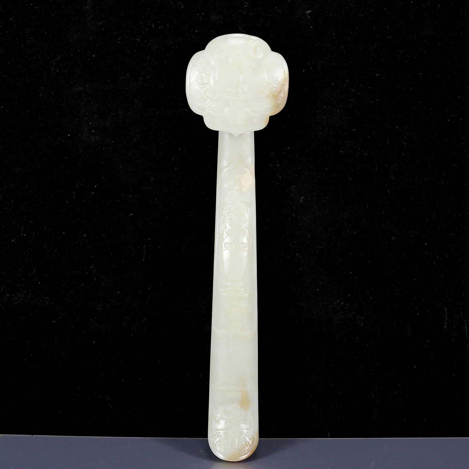 A Rare White Jade Peach Pattern Ruyi: A Rare White Jade Peach Pattern Ruyi,Qing Dynasty, China,Size: 2.8inx11.8inx1.6in,Weight:365g 白玉桃纹如意，清代