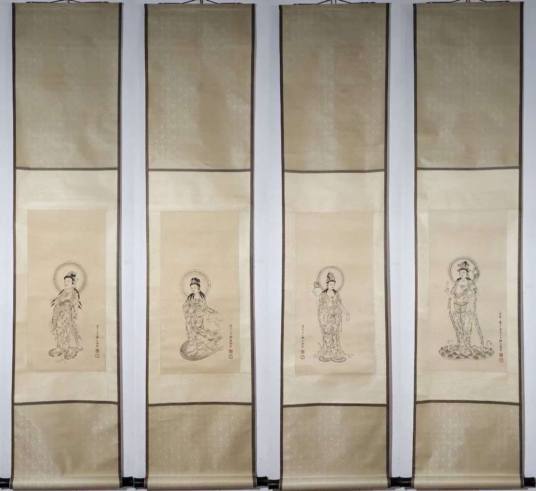 A Set of Chinese Vertical Scroll Ink Painting of Figure on Paper: A Set of Chinese Vertical Scroll Ink Painting of Figure on Paper,Zhang Daqian,Size:25.6inx12.6in*4 一套中国水墨人物画立轴,张