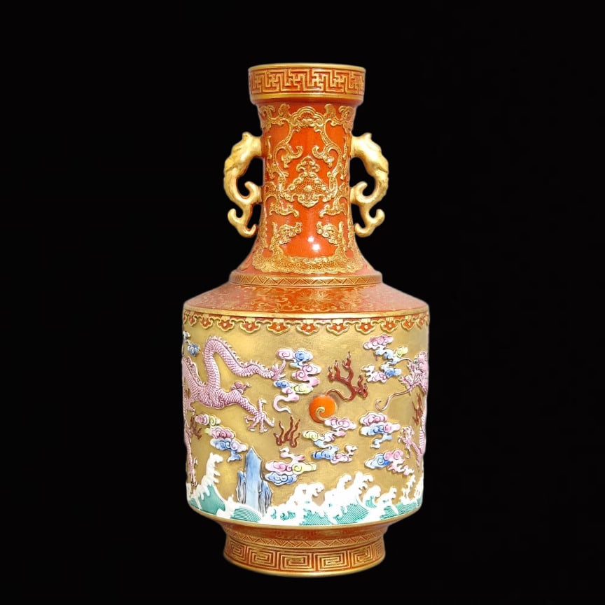 A Rare Coral Red Glazed Painted Gold Seawater and Dragon Pattern Double-Ears Vase: A Rare Coral Red Glazed Painted Gold Seawater and Dragon Pattern Double-Ears Vase,Qing Dynasty,China,Qianlong Six-Character Mark,Size:11.8inx5.7in 珊瑚红釉描金Ę