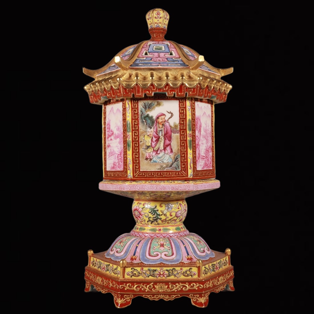 A Rare Enamel Yellow Ground Painted Gold Figure and Story Pattern Palace Lantern (1 of 8)