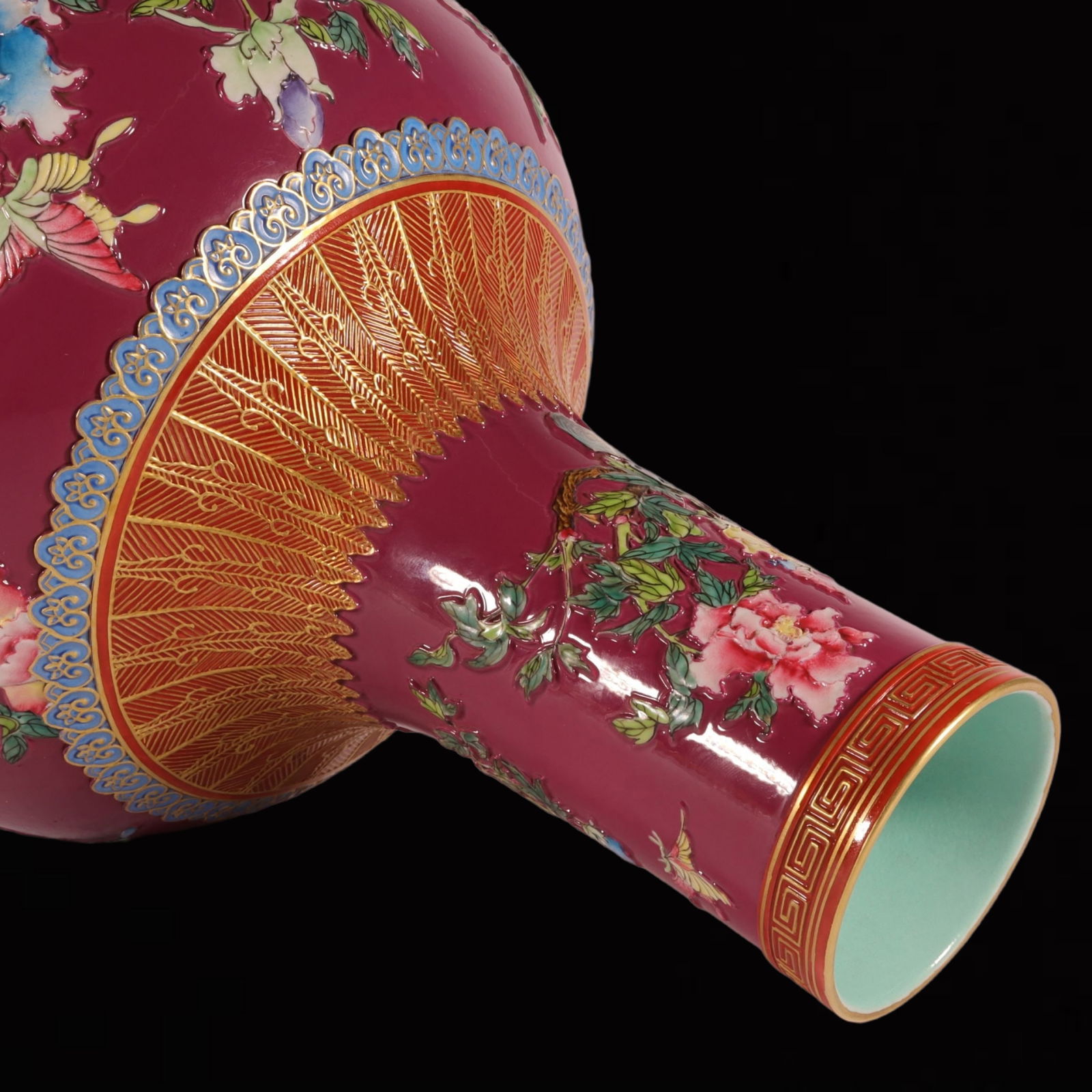 A Rare Enamel Ruby Red-Glazed Flower and Bird Pattern Vase - 8