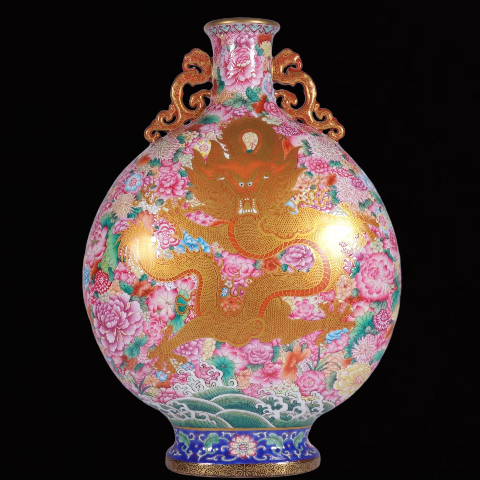 A Rare Famille-Rose Flower and Dragon Pattern Double-Ears Vase: A Rare Famille-Rose Flower and Dragon Pattern Double-Ears Vase,Qing Dynasty, China,Qianlong Six-character Mark,Size:13inx9.1in 