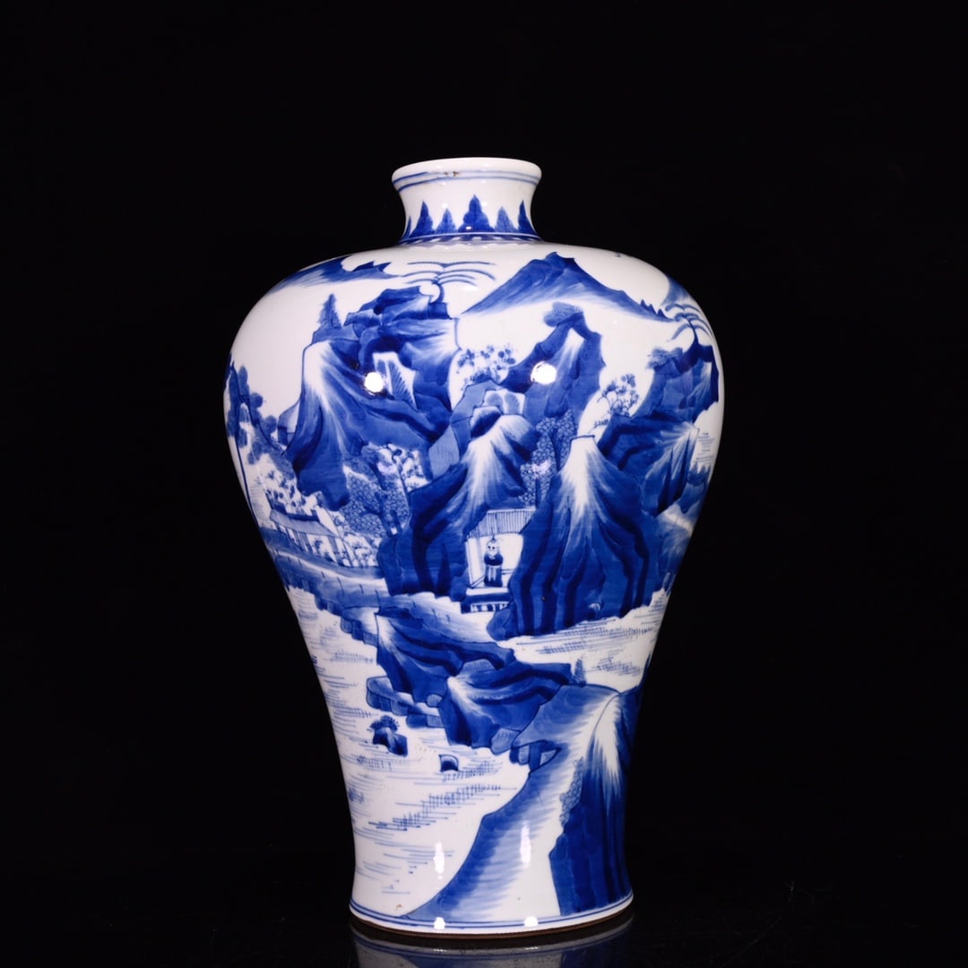 An Exquisite Blue and White Landscape and Figure Pattern Vase: An Exquisite Blue and White Landscape and Figure Pattern Vase,Qing Dynasty,China,Kangxi Six-character Mark,Size:13inx8.7in 
