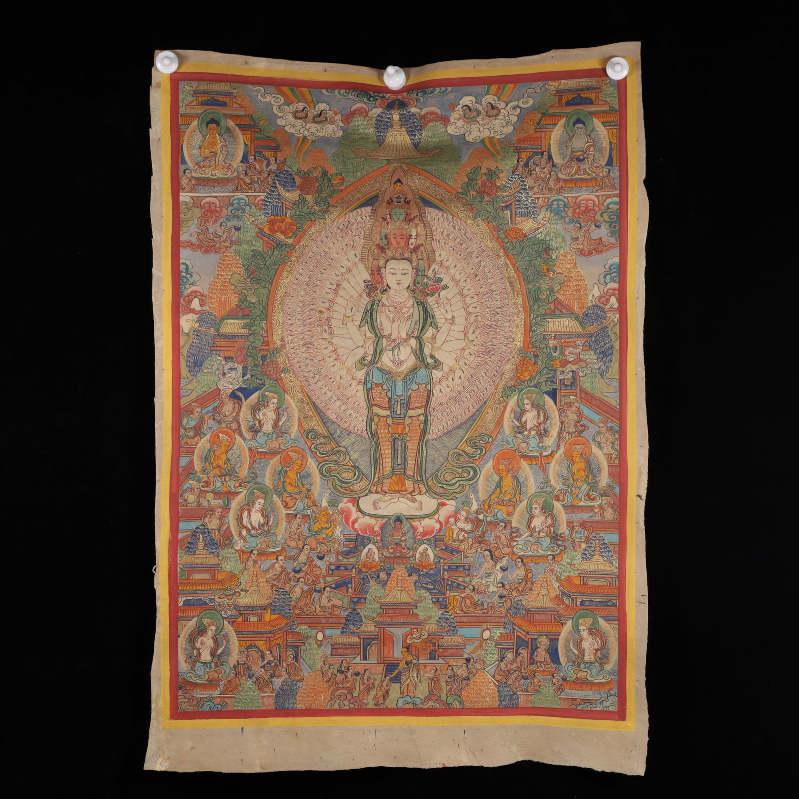 A Rare Cowhide Painted Color Statue of Thousand-hand Guanyin Tangka: A Rare Cowhide Painted Color Statue of Thousand-hand Guanyin Tangka,Qing Dynasty, China,Size:25.2inx36.6in 