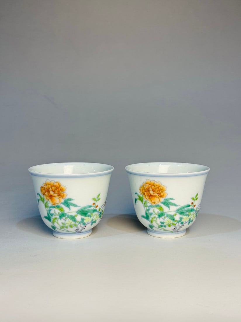 A Pair of Exquisite Doucai Peony Pattern Cups: A Pair of Exquisite Doucai Peony Pattern Cups,Qing Dynasty,China,Yongzheng Six-character Mark,Size:2inx2.5in 一对斗彩牡丹纹杯,中国清&#
