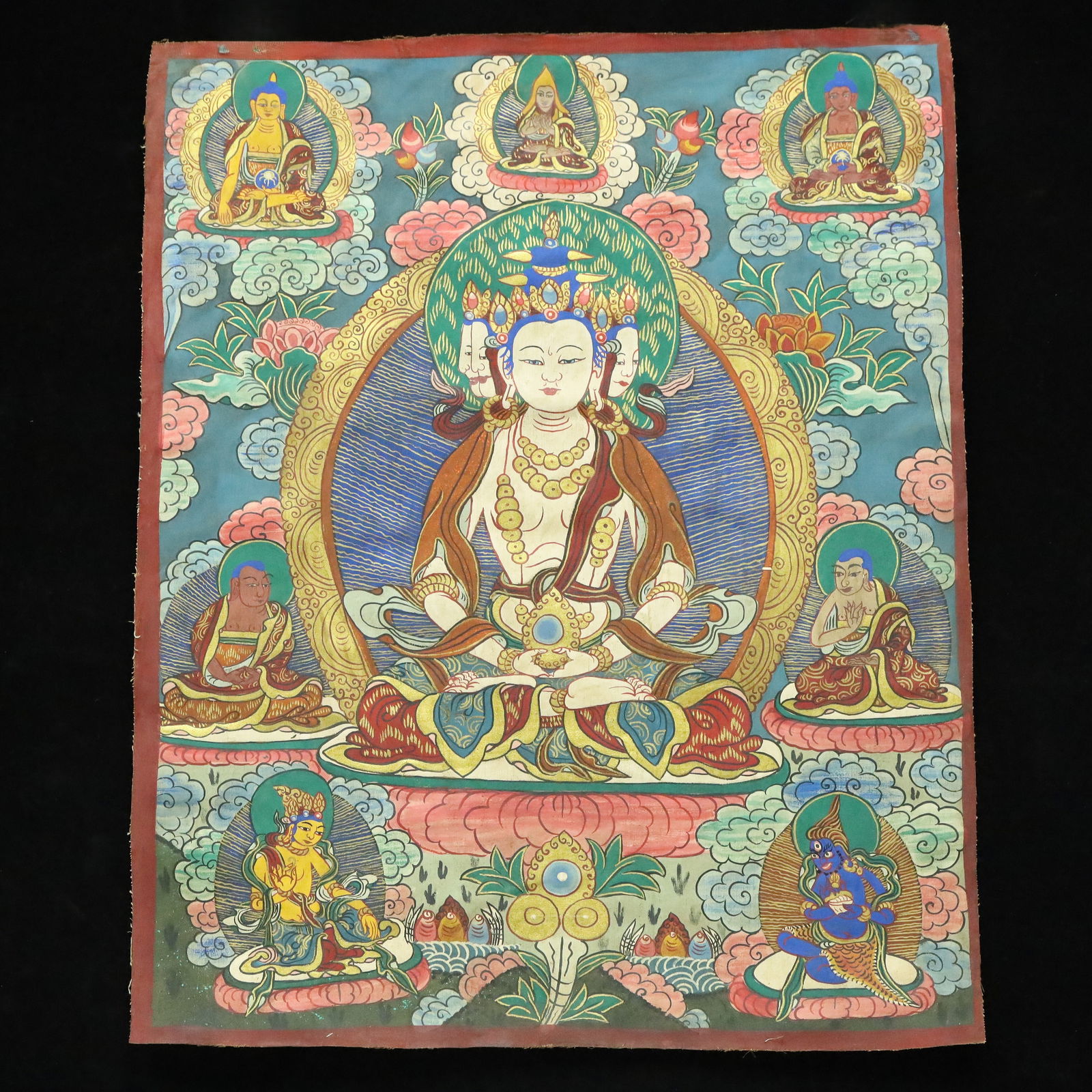 A Rare Brocade Painted Color Buddha Statue Tangka: A Rare Brocade Painted Color Buddha Statue Tangka,Qing Dynasty, China,Size:22inx27.2in 织锦彩绘佛像唐卡,中国清代