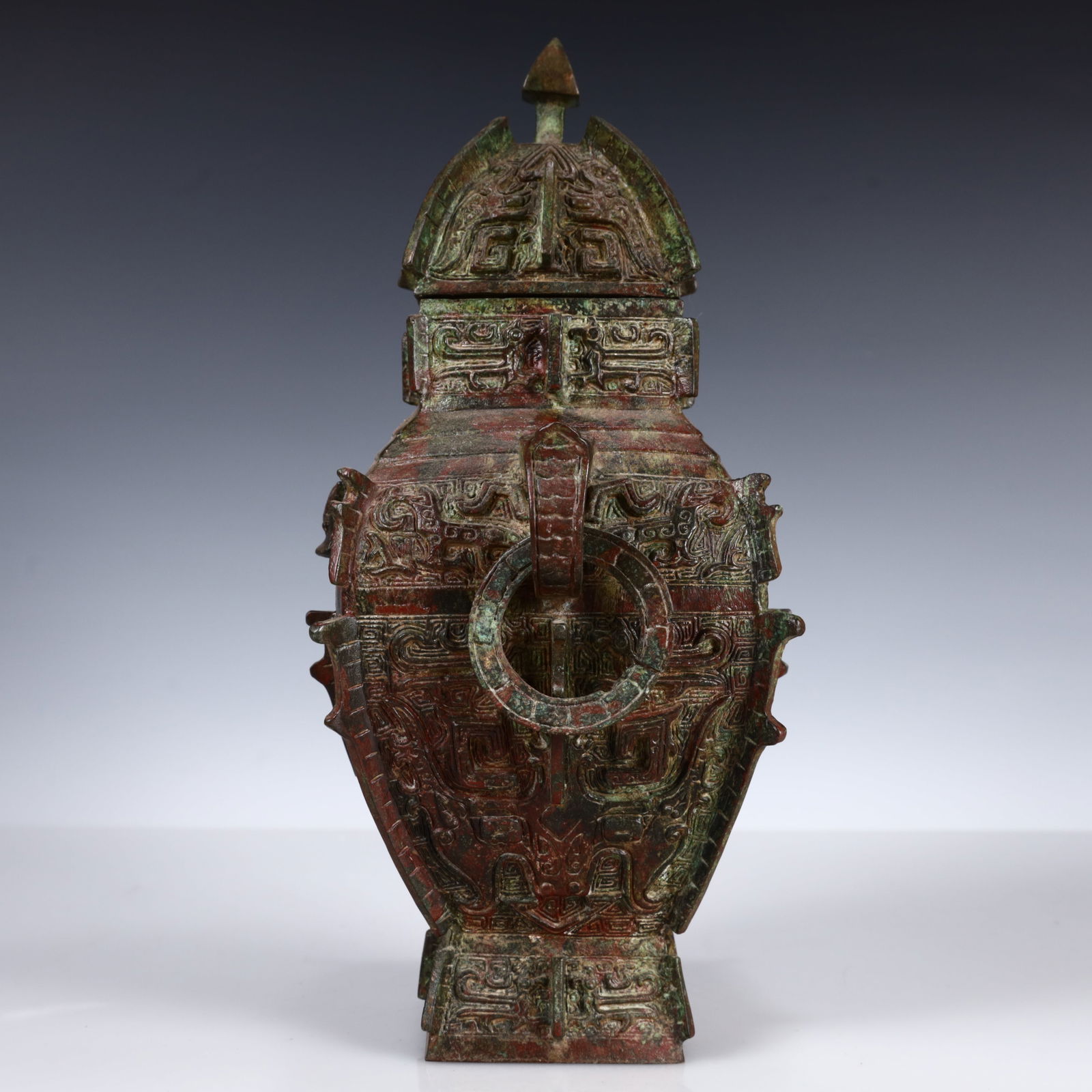 A Rare Bronze Beast-Face Pattern Double-Ears Bottle - 11